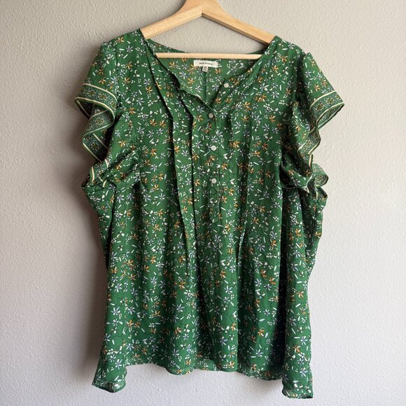 Max Studio 2X Butterfly Flutter Short Sleeve Green Floral Blouse Top - Picture 1 of 6